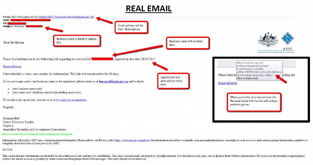 A genuine ASIC email, annotated to show the signs it is real