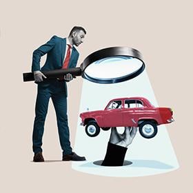 Illustration of a man examining a car through a magnifying glass