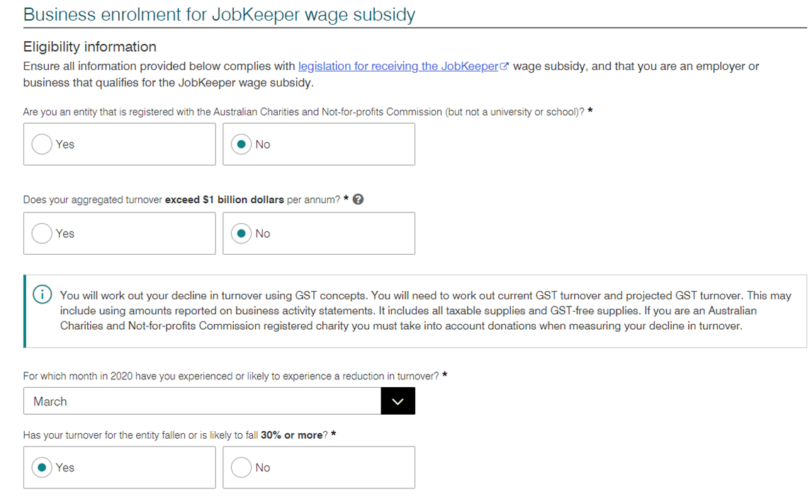 The ATO JobKeeper enrolment form, eligibility section