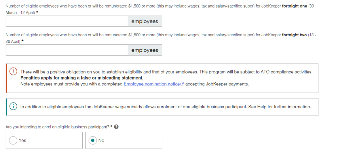 The ATO JobKeeper enrolment form asking for eligible employee numbers
