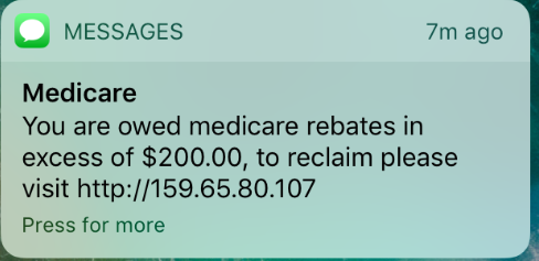 A scam text message claiming a Medicare rebate is owed