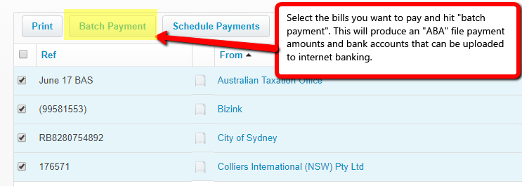 Xero batch payment screen with bills selected for payment