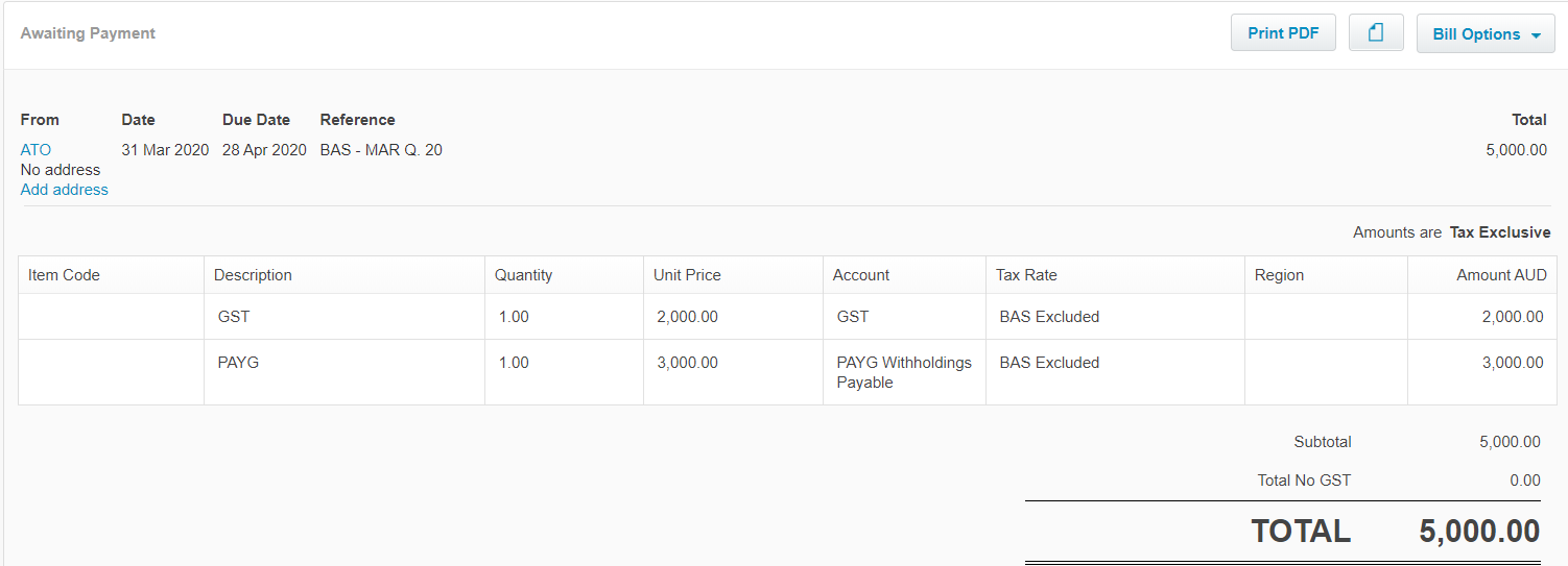 Xero showing an ATO credit note totalling $5,000