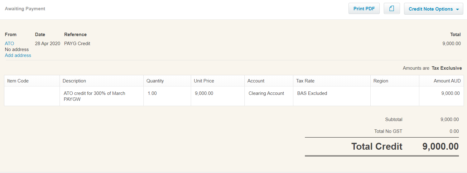 Xero showing the credit note with a total credit of $9,000