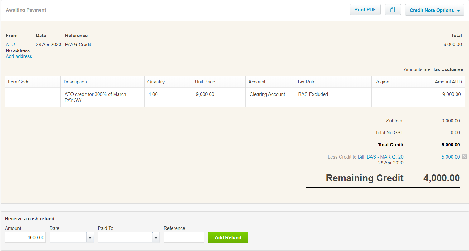 Xero showing $4,000 remaining credit and the cash refund fields