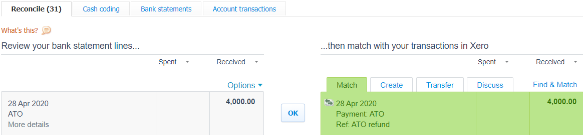 Xero bank reconciliation matching a $4,000 refund from the ATO
