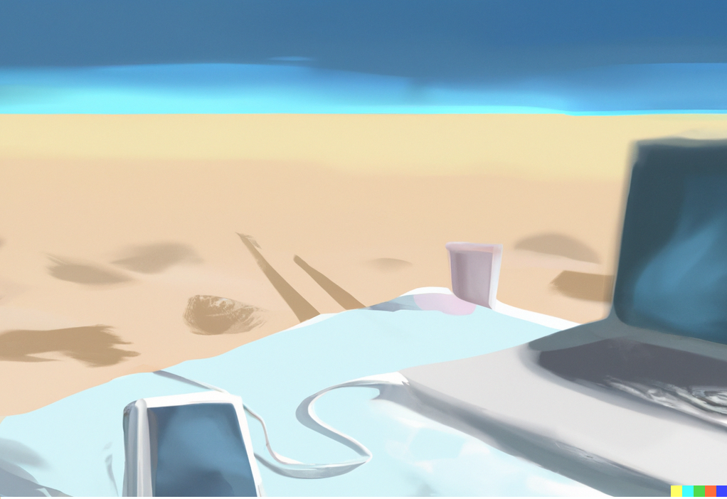 Illustration of a laptop and phone set up on a beach